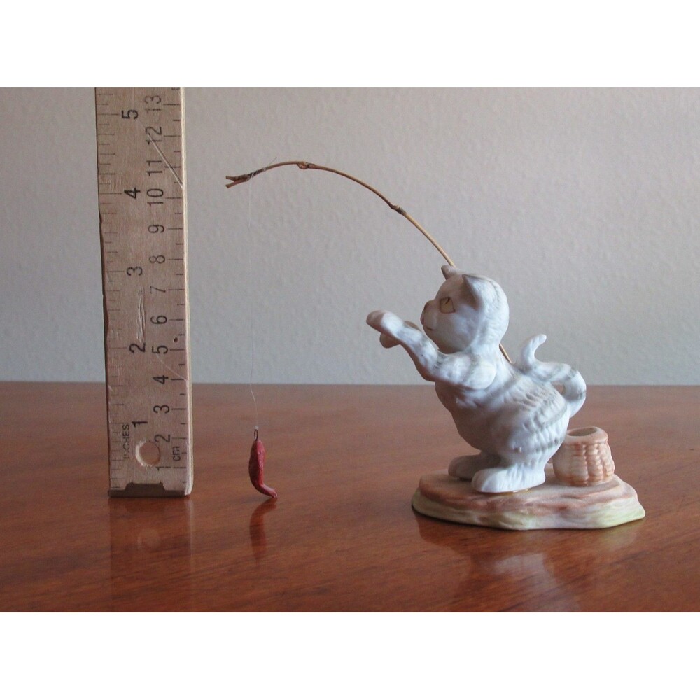 Vintage Enesco Cat Fishing Pole Figurine Gray Tabby Catching Fish Bucket Taiwan